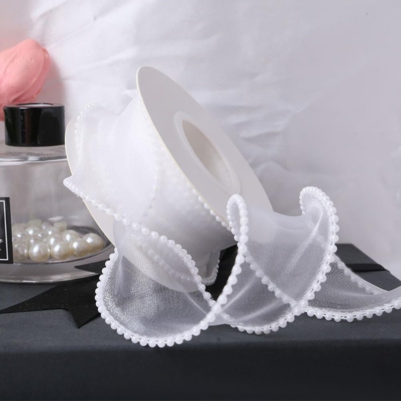 5 Yards White Faux Pearl Edge  - Organza Ribbon Spool avaliação e preço