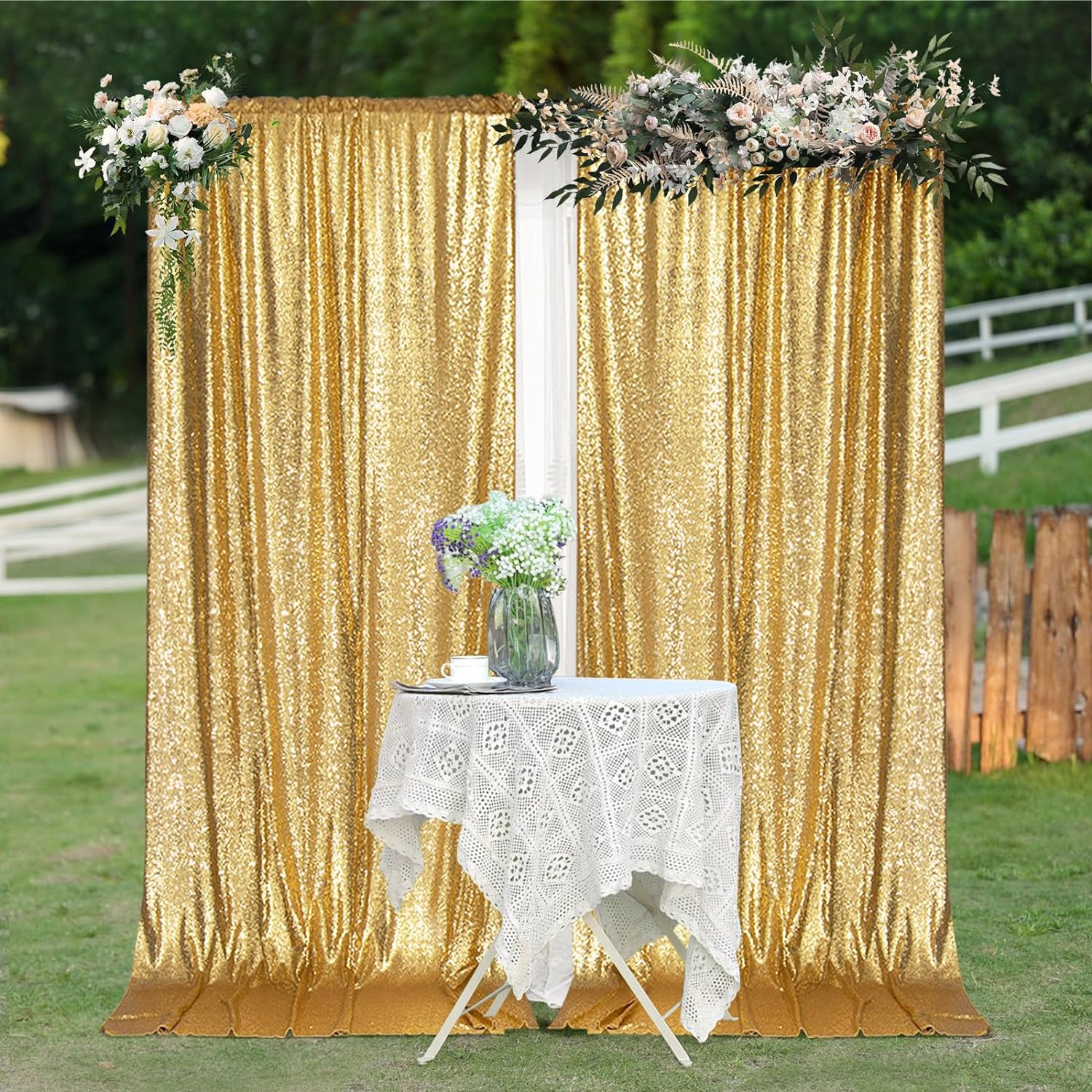 2×8FT-4PCS Gold Sequin Backdro - Sequin Fabric Panel avaliação e preço